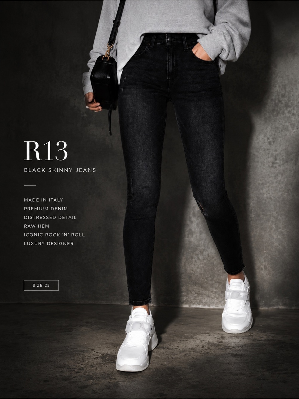 R13 Black Skinny Jeans Made In Italy Distressed Stretch Denim Size 25